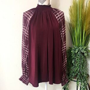 Cato Chic Burgundy Plaid Sleeve Blouse